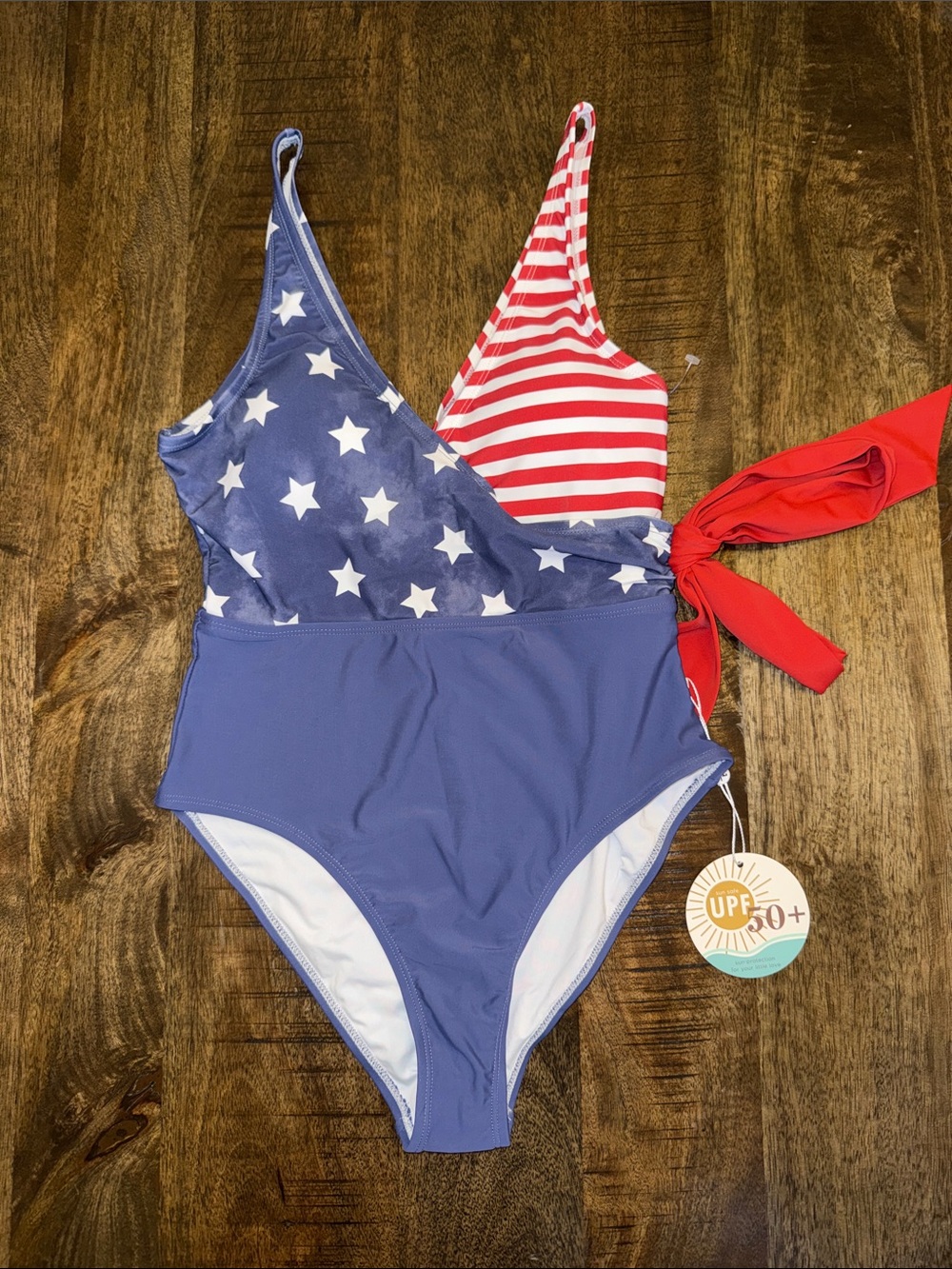 One-Piece Swimsuit in Navy, White & Red - Star & Stripe Design